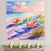 Rainbow Beach Chairs on Sandy Shore Watercolor Painting with Vibrant Ocean Waves and Colorful Summer Sky on Ready to Hang 1.5" Thick Canvas Wrap, Floating Framed Canvas, Flat Rolled Canvas